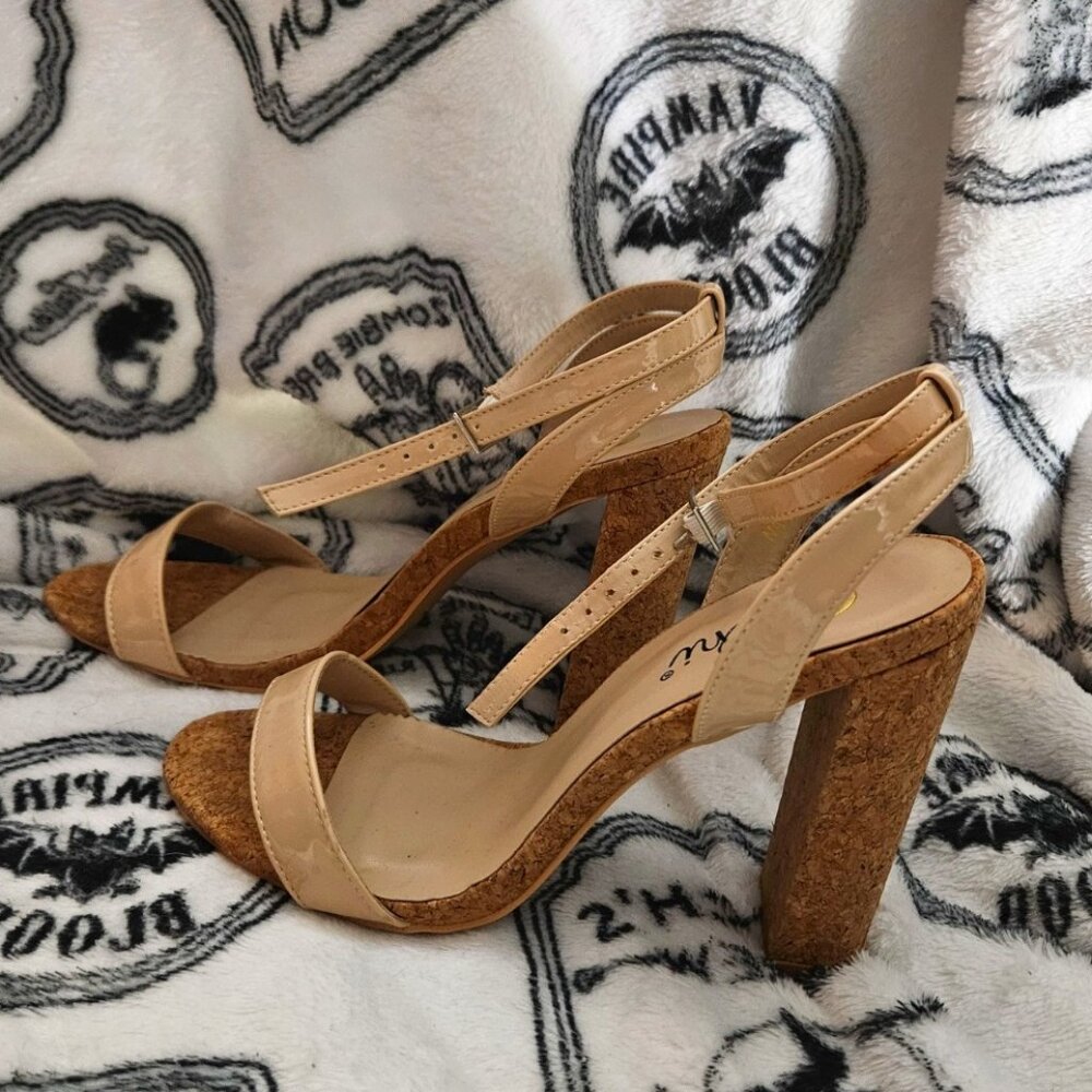 Like New Nude Strappy Cork Block Heel Sandals, Size 9